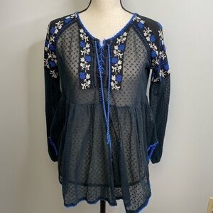 Free People Black sheer Swiss dot blue embroidery top size S